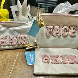 Pink and Cream Cosmetic Bags  Set of 3 with pink & gold chenille letters.